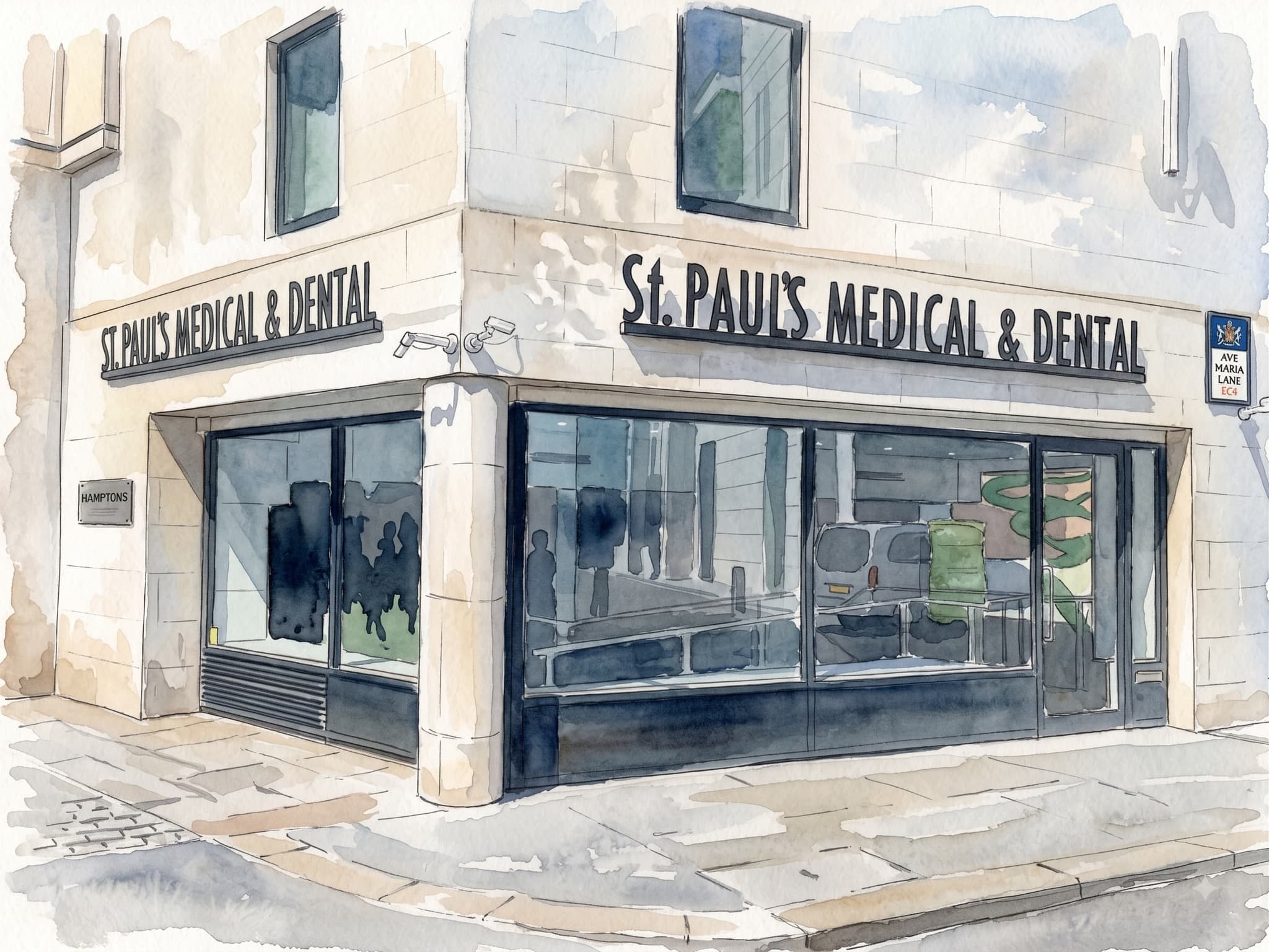 St Paul's Medical & Dental clinic shop front at 5 Ave Maria Lane, City of London EC4